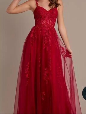 David's Bridal Red Floral Embroidered Tulle Gown